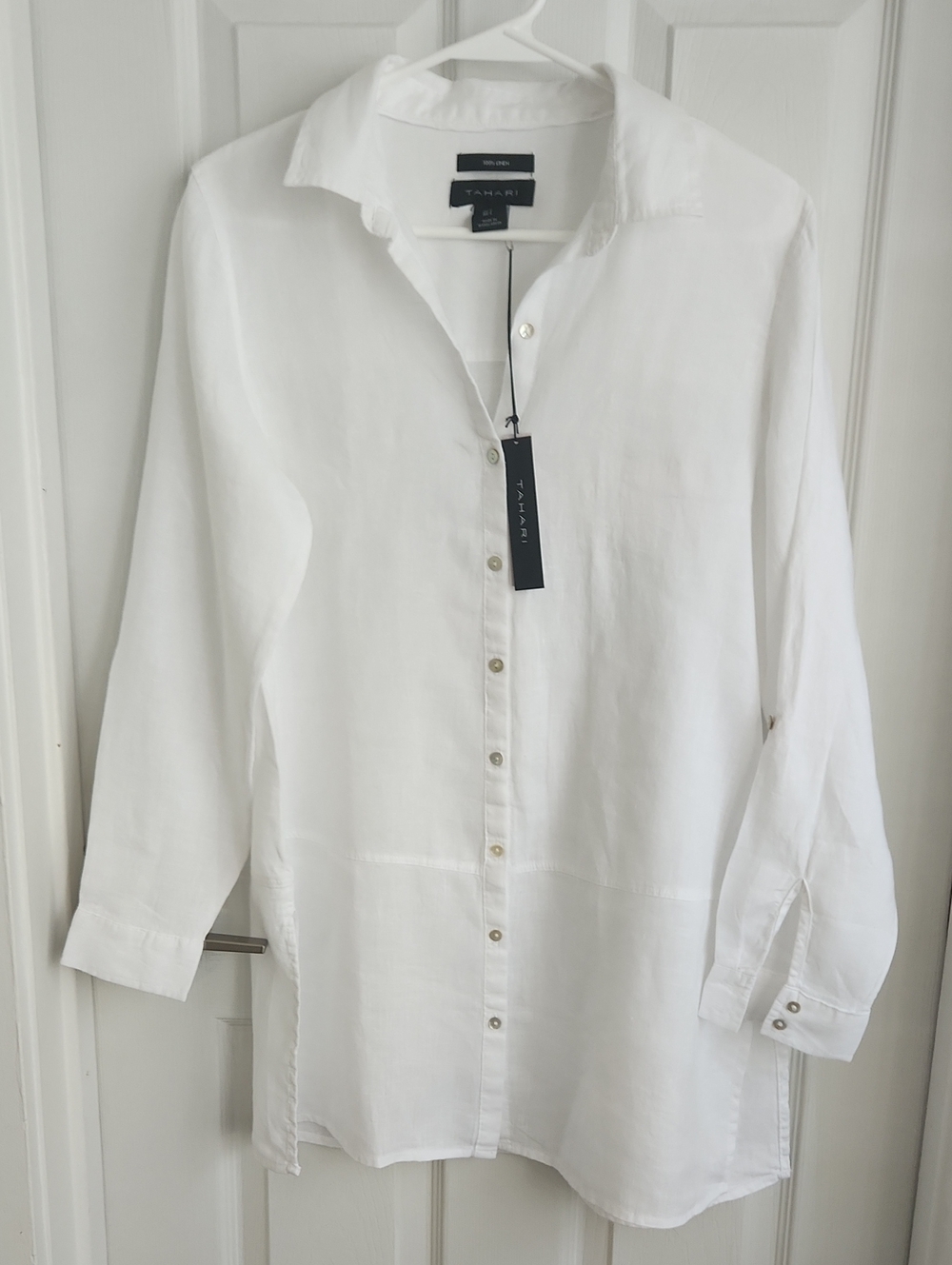Tahari White Long-Sleeve Linen-Blend Button-Down Shirt